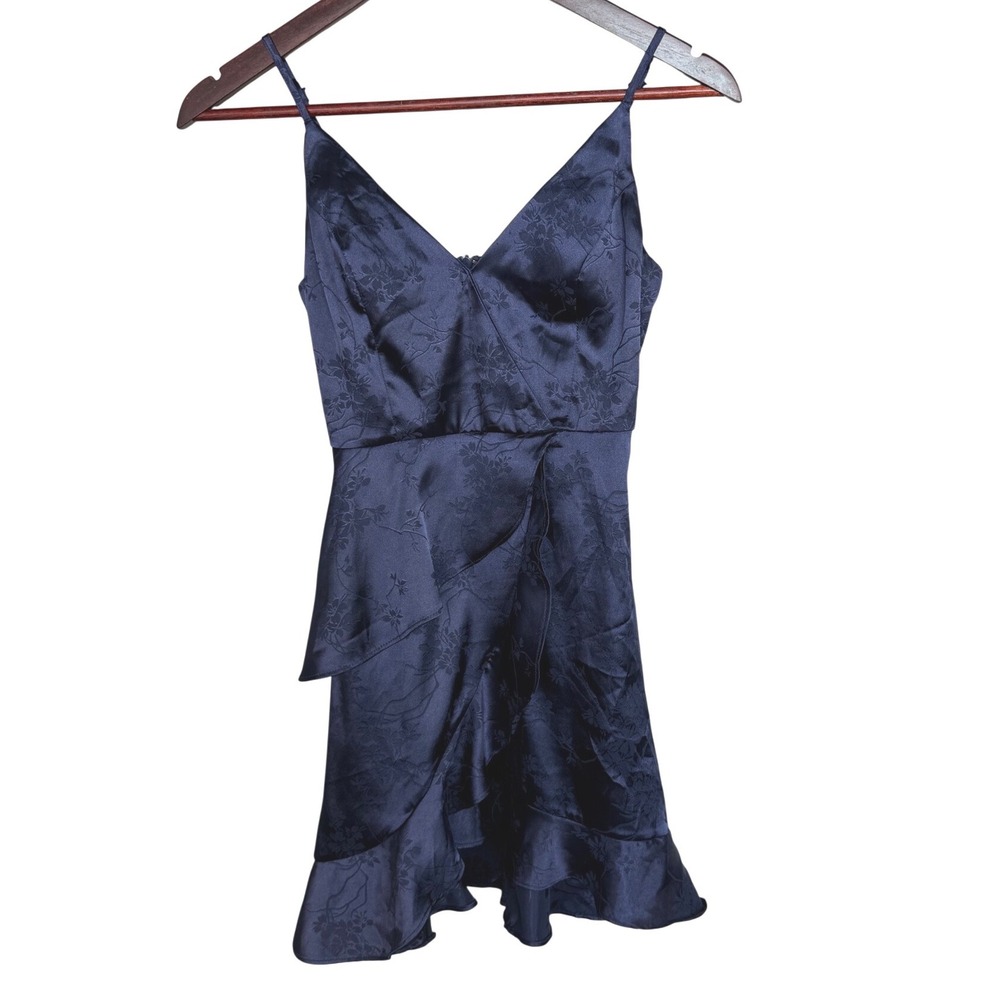 Altar'd State Navy Satin Floral Jacquard Ruffle Mini Dress XS Coquette Y2K